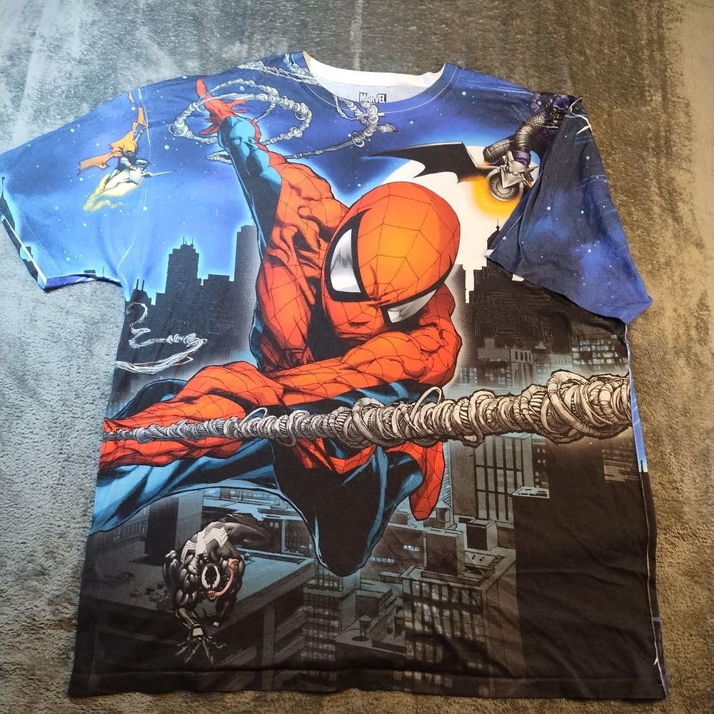 Marvel Spiderman Shirt Mens 2XL Blue All Over Graphic Print Retro Pajama‎ Top